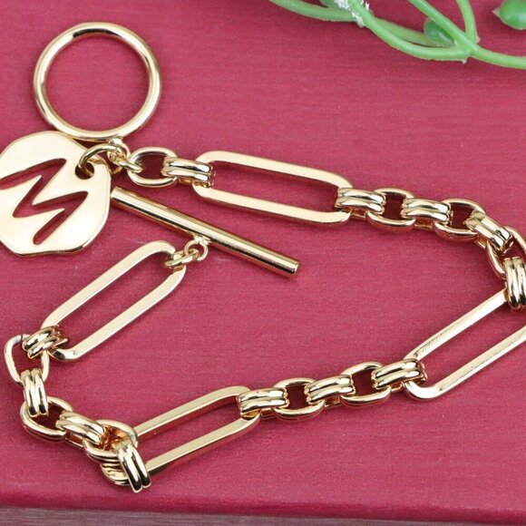 "Rose Gold Toggle Bracelet with M Charm and Chunky Link Chain, XPBL0893 - Picture 1 of 12